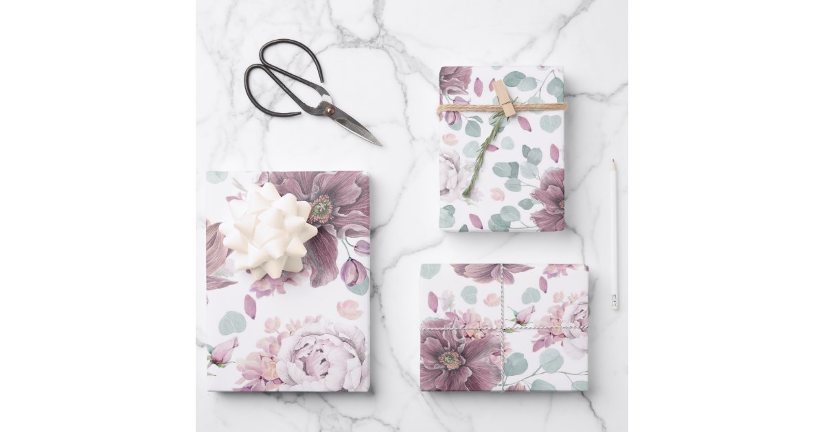 Elegant Mauve Flowers and Leaves Botanical Pattern Wrapping Paper ...