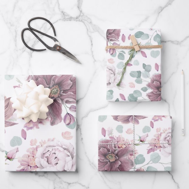 Elegant Mauve Flowers and Leaves Botanical Pattern Wrapping Paper Sheets (Front)