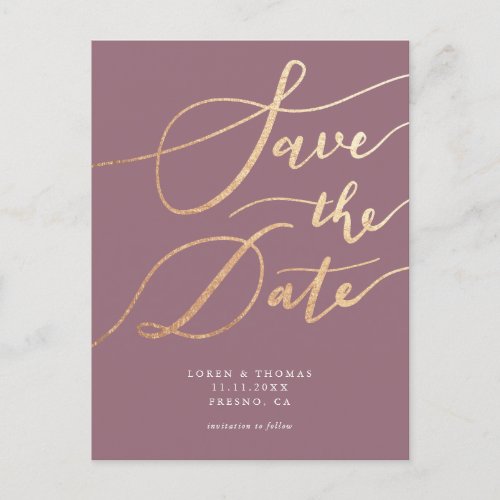 Elegant Mauve Gold Script Save the Date Announcement Postcard
