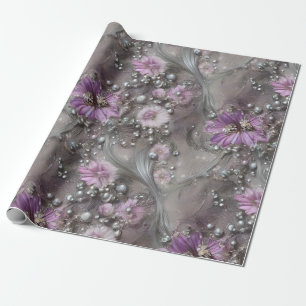 Elegant Mauve, Gray, and Ivory Floral & Beaded Wrapping Paper
