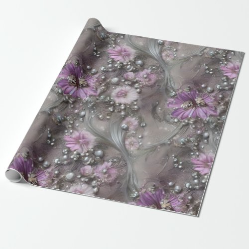 Elegant Mauve Gray and Ivory Floral  Beaded Wrapping Paper