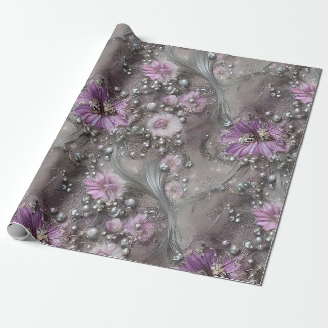 Elegant Mauve, Gray, and Ivory Floral & Beaded Wrapping Paper (Unrolled)