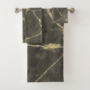 Elegant mauve gray faux gold glitter marble bath towel set