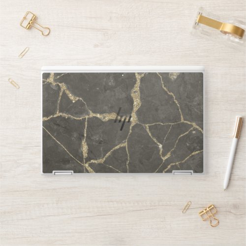 Elegant mauve gray faux gold glitter marble HP laptop skin