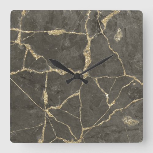 Elegant mauve gray faux gold glitter marble square wall clock