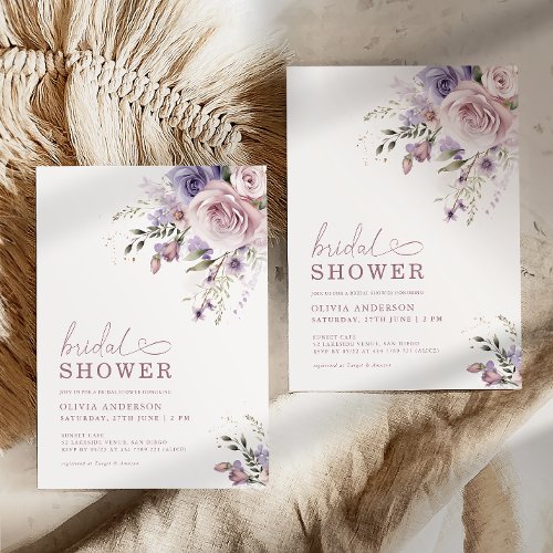 Elegant Mauve  Lavender Bridal Shower Floral  Invitation