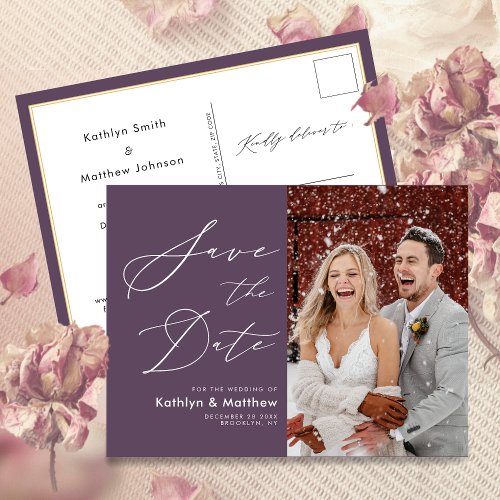 Elegant Mauve Modern Photo Wedding Save The Date Announcement Postcard