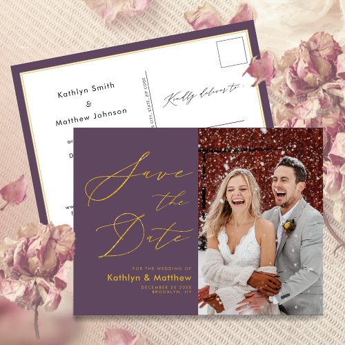 Elegant Mauve Modern Script Wedding Save The Date Announcement Postcard