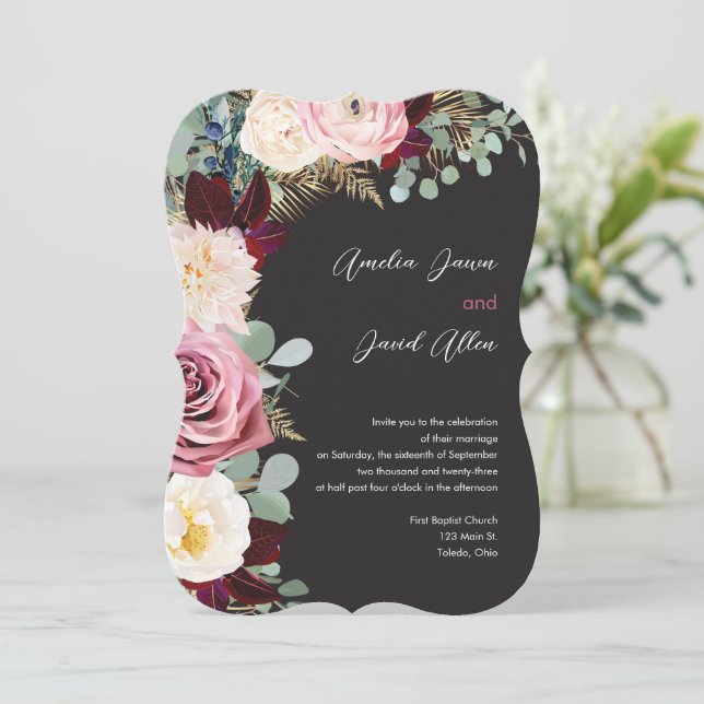 Elegant Mauve & Moody Black Wedding Invitation (Standing Front)