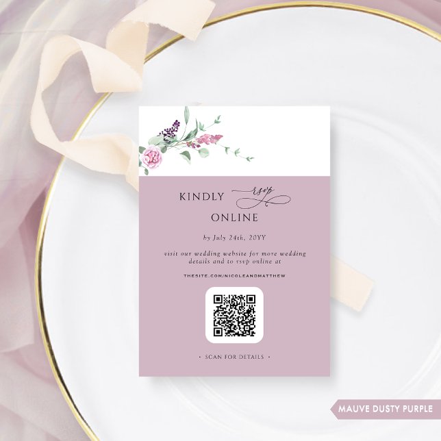 Elegant Mauve Pastel Floral  RSVP Online, QR Code  Enclosure Card (Creator Uploaded)