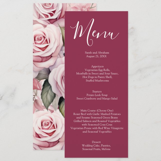Elegant Mauve Pink and White Roses Wedding Menu (Front/Back)