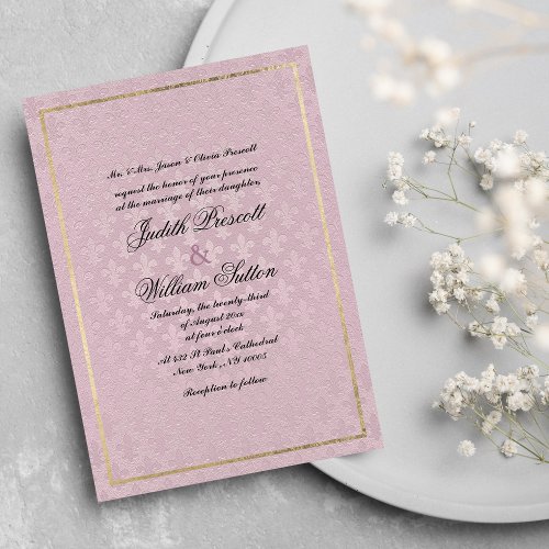 Elegant mauve pink fleur de lis floral wedding invitation