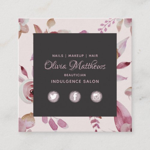 Elegant Mauve Pink Floral Social Media Icons Square Business Card