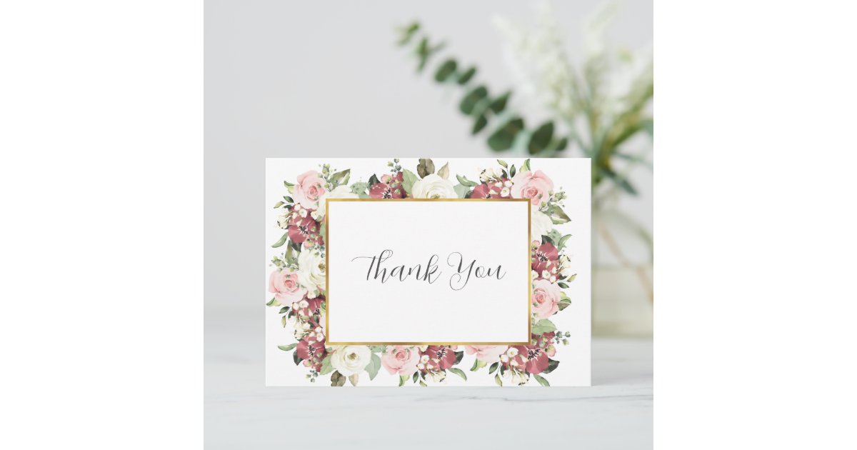 Elegant Mauve Pink Florals Blank Wedding Thank You Card | Zazzle