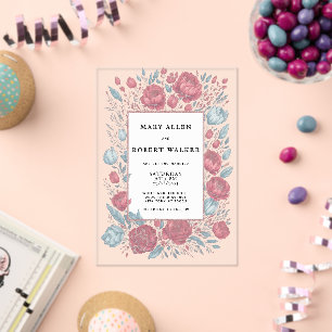 Elegant mauve pink light blue floral frame wedding acrylic invitations