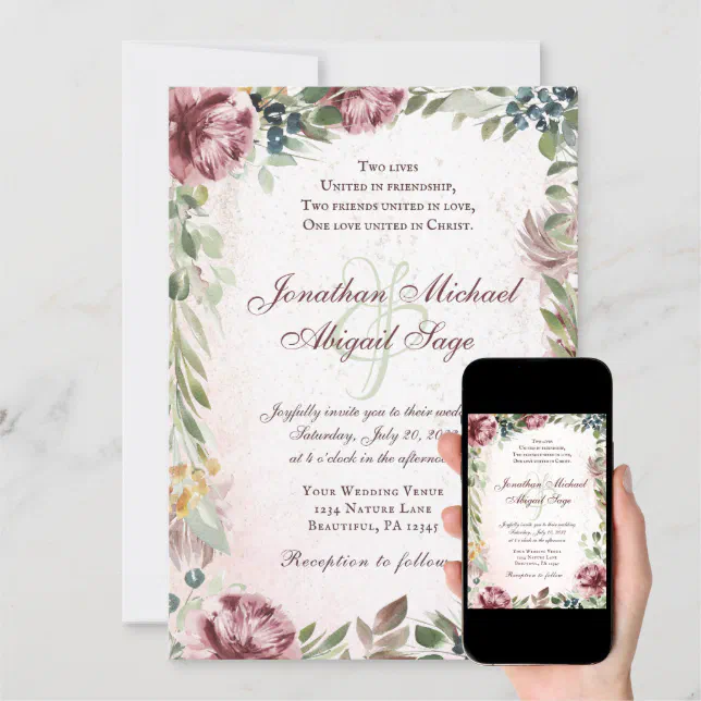 Elegant Mauve Pink Peony Floral Christian Wedding Invitation | Zazzle