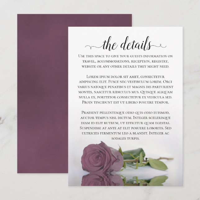Elegant Mauve Pink Reflecting Rose Wedding Details Enclosure Card (Front/Back)