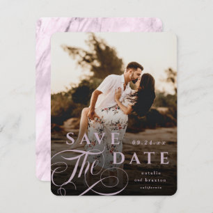 Elegant Mauve Pink Typography & Marble Back Photo Save The Date