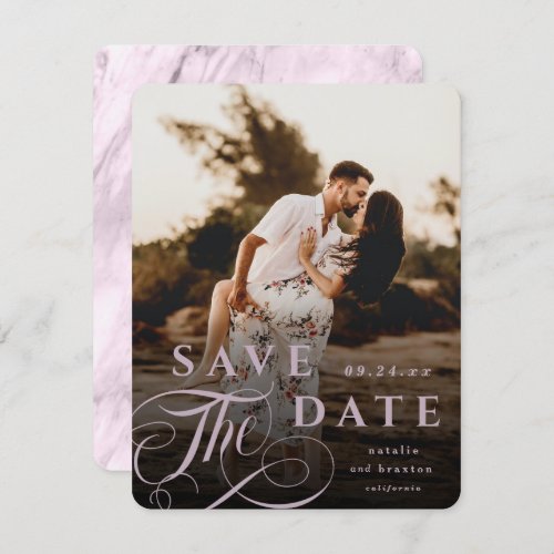 Elegant Mauve Pink Typography  Marble Back Photo Save The Date