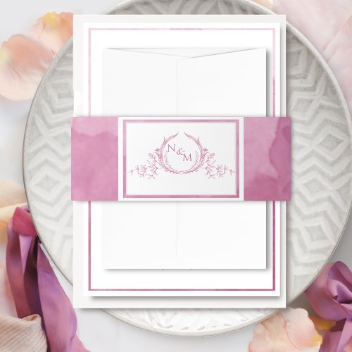 Elegant Mauve Pink Watercolor Monogram Wedding Invitation Belly Band