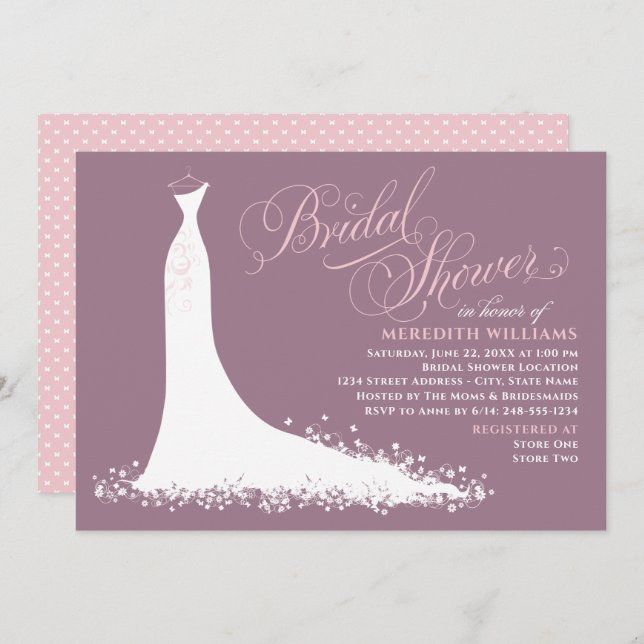 Elegant Mauve Pink Wedding Gown Bridal Shower Invitation (Front/Back)