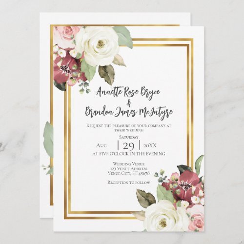 Elegant Mauve Pink White Green Gold Wedding Invitation