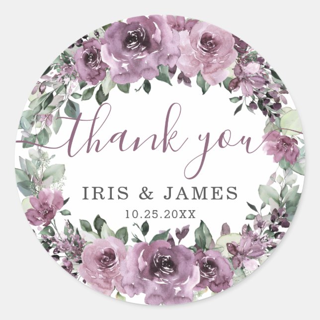 Elegant Mauve Plum Purple Floral Wedding  Classic Round Sticker (Front)