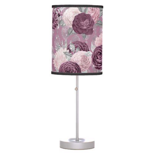 Elegant Mauve Purple Floral and Damask Design Table Lamp