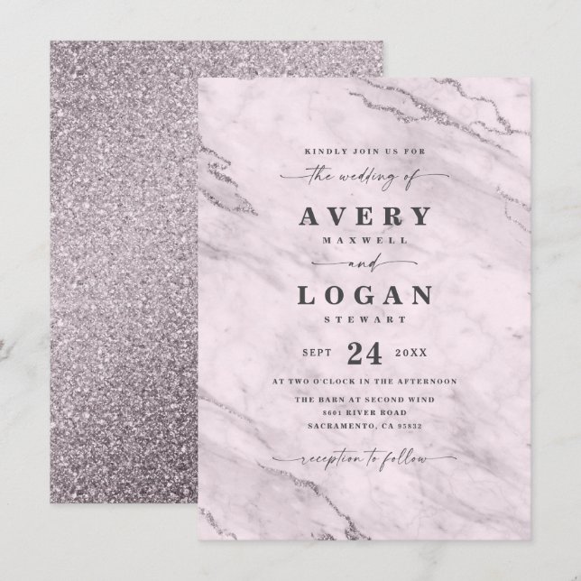 Elegant Mauve Purple Marble & Glitter Wedding Invitation (Front/Back)