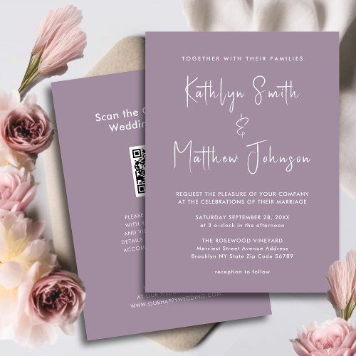 Elegant Mauve QR Code All In One Modern Wedding Invitation