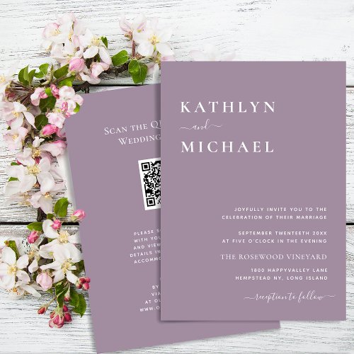 Elegant Mauve QR Code All In One Modern Wedding Invitation