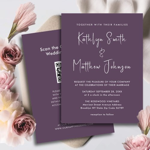 Elegant Mauve QR Code All In One Modern Wedding Invitation