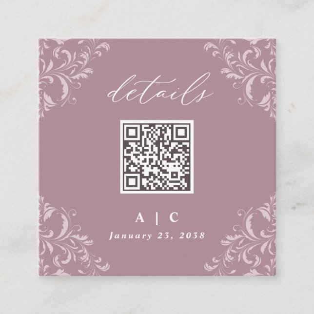 Elegant Mauve QR Code Wedding Small Square Details Enclosure Card (Front)
