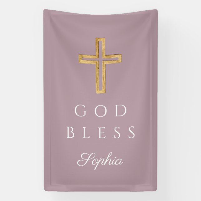 Elegant Mauve Religious Cross Girl God Bless Banner (Vertical)