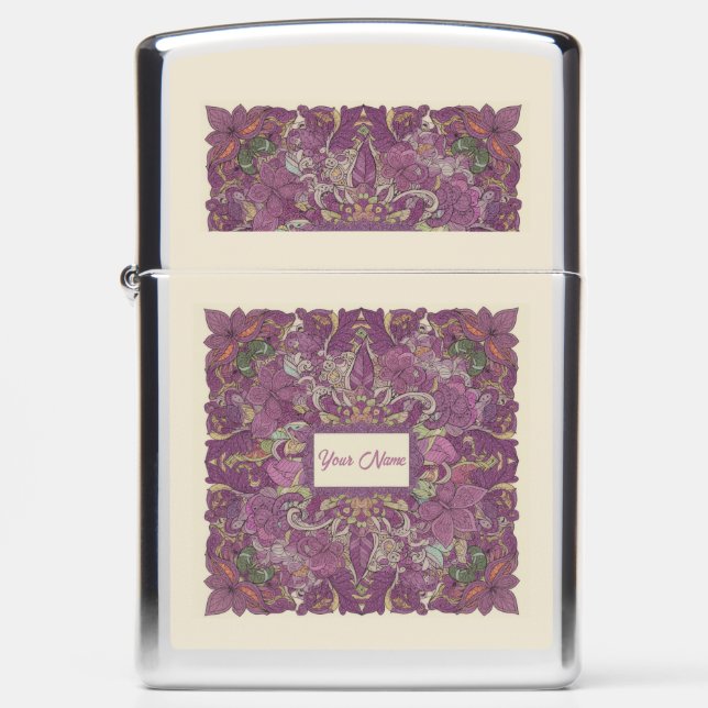 Elegant Mauve & Sage Doodle Zippo Lighter (Front)