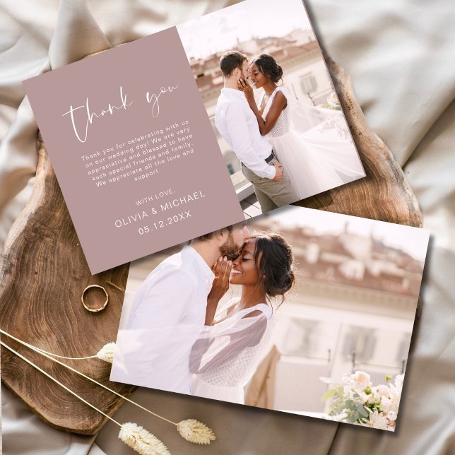 Elegant  Mauve Script Photo Wedding Thank You Card (Creator Uploaded)