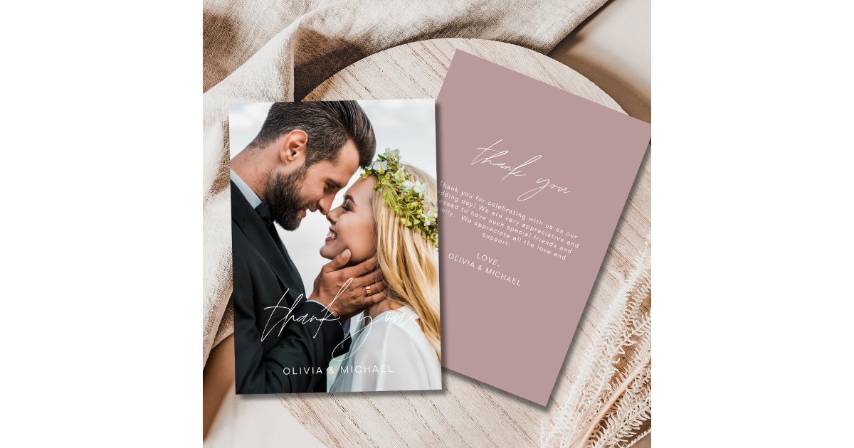 Elegant Mauve Script Photo Wedding Thank You Card | Zazzle