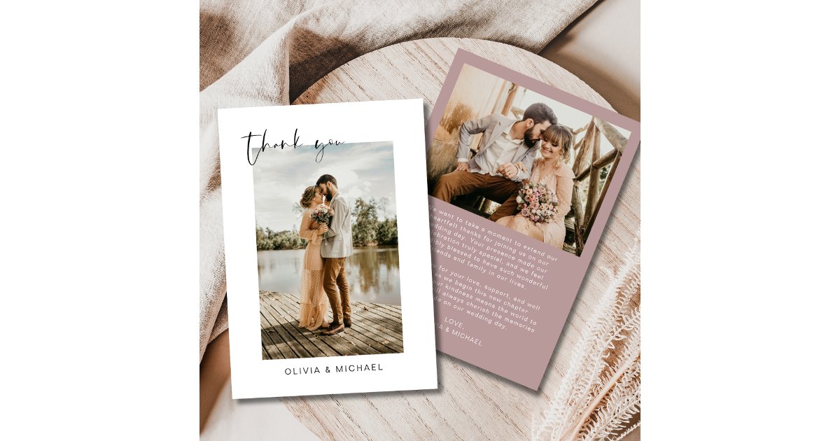 Elegant Mauve Script Photo Wedding Thank You Card | Zazzle