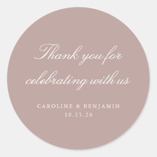 Elegant Mauve Script Wedding Custom Thank You Classic Round Sticker