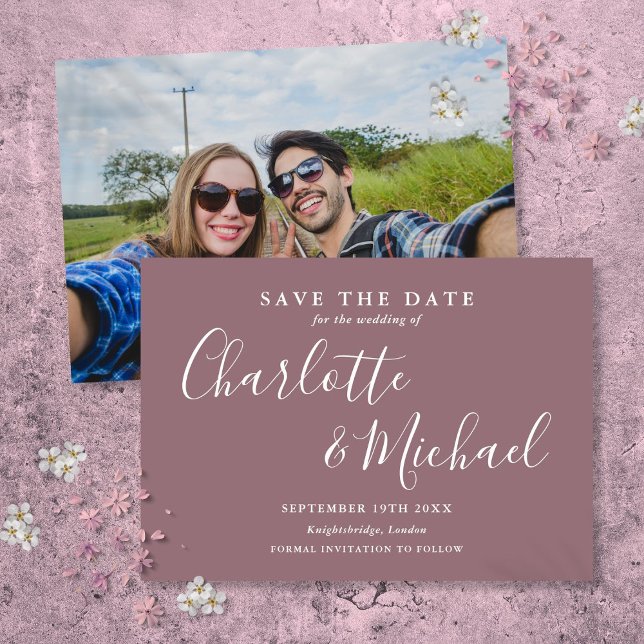 Elegant Mauve Signature Script Photo Save The Date (Elegant Mauve Signature Script Photo Save The Date)