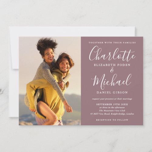 Elegant Mauve Signature Script Photos Wedding Invitation