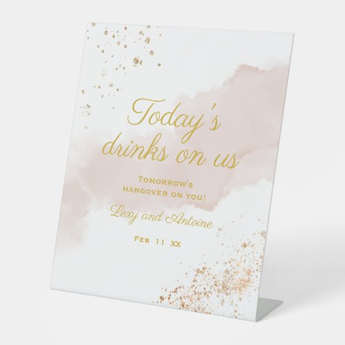 Elegant Mauve Watercolor Gold Drinks On Us Wedding Pedestal Sign