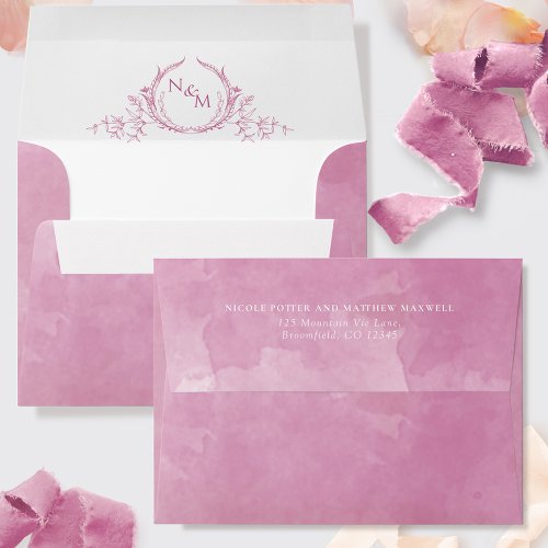 Elegant Mauve Watercolor Monogram Wedding Envelope