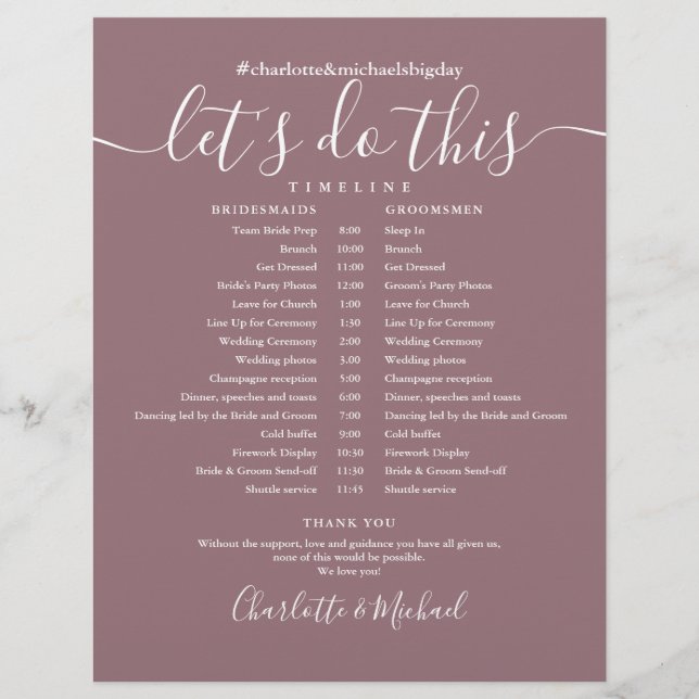 Elegant Mauve Wedding Schedule Timeline (Front)