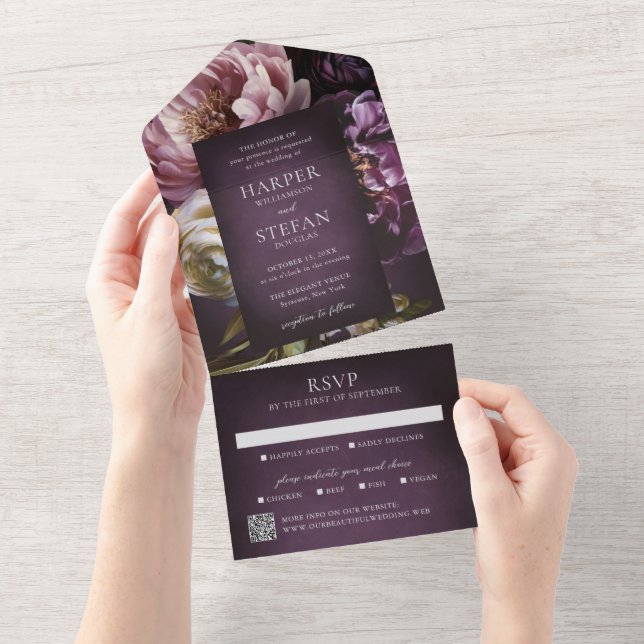 Elegant Maximalist Purple Floral QR Code Wedding All In One Invitation (Tearaway)