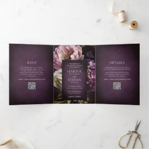 Elegant Maximalist Purple Floral QR Code Wedding Tri-Fold Invitation