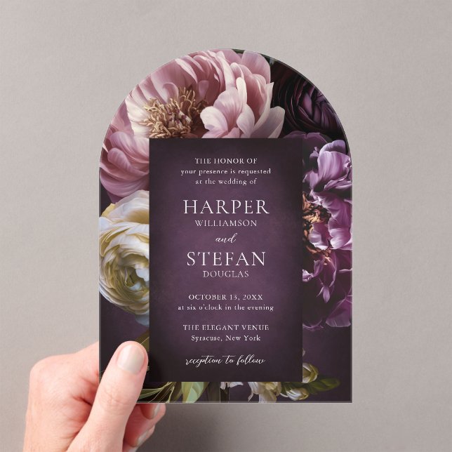 Elegant Maximalist Purple Floral Wedding Acrylic Invitations (Insitu (Handheld))