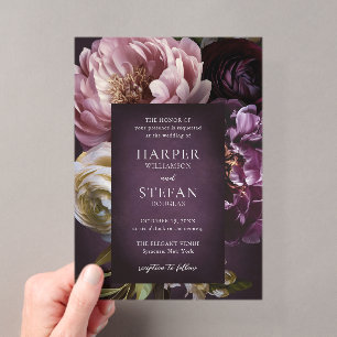 Elegant Maximalist Purple Floral Wedding Acrylic Invitations