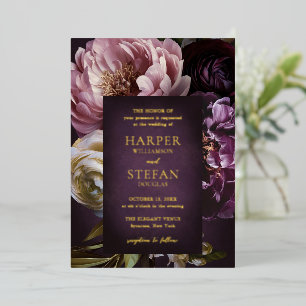 Elegant Maximalist Purple Floral Wedding Foil Invitation