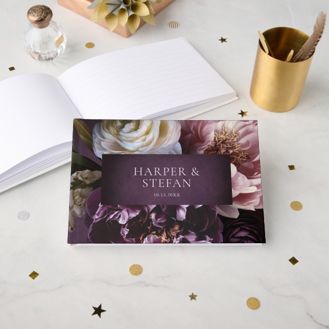 Elegant Maximalist Purple Floral Wedding Guest Book (Front Open)